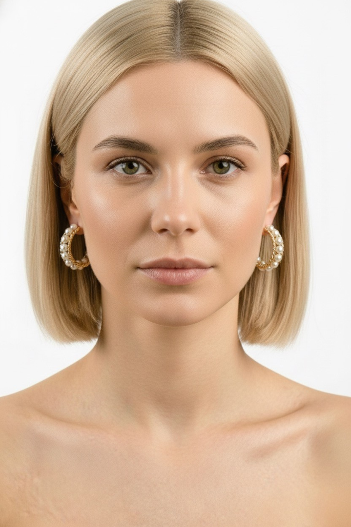 Boucles d’oreilles Rodin en demi-créole dorée, entièrement serties de perles blanches, portées par une femme blonde au carré lisse sur fond blanc. Bijou de mariage élégant et intemporel.