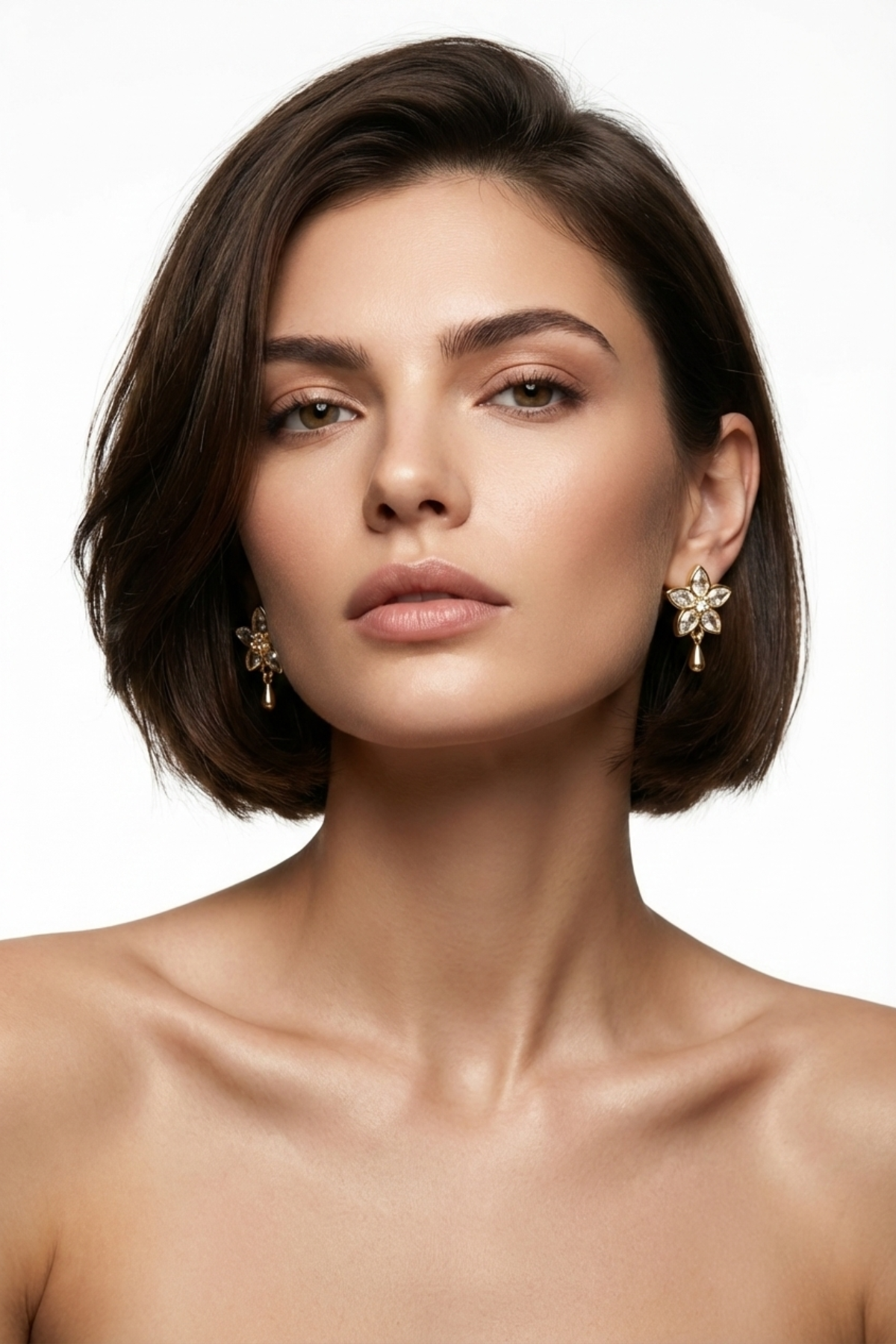 Boucles d’oreilles Étoile dorées en forme de petite étoile scintillante, serties de strass, portées par une femme brune au carré sur fond blanc. Bijou minimaliste et lumineux pour mariée.