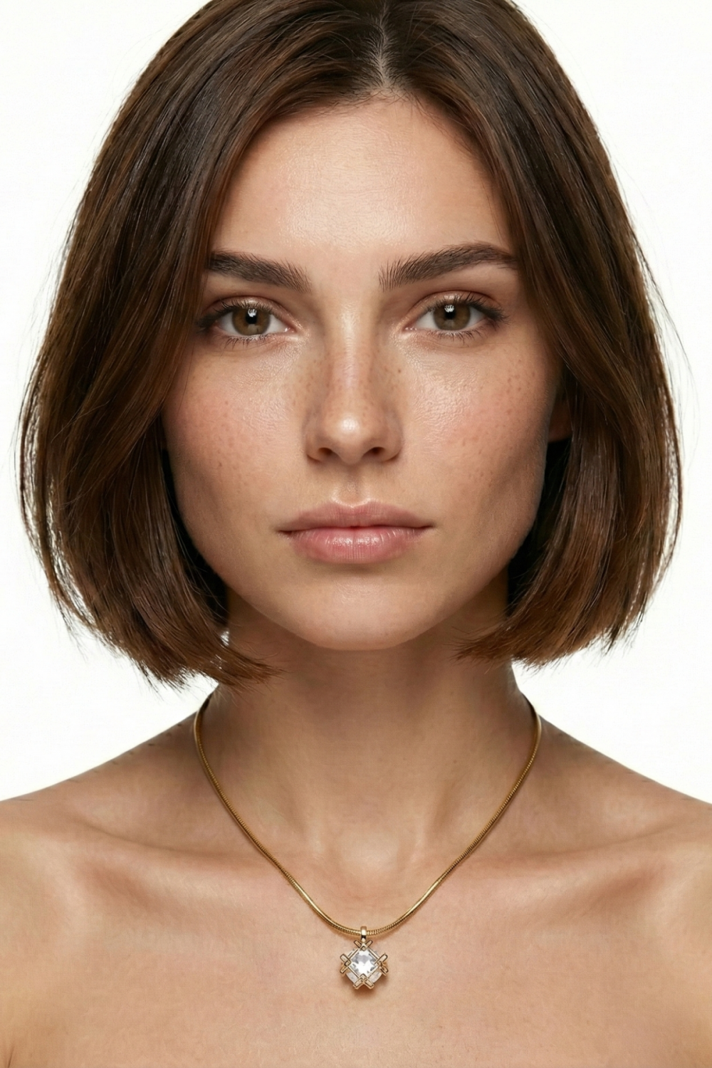 Collier Ritz : pendentif carré en zircone cubique sur chaîne serpent dorée. Un bijou chic, minimaliste et lumineux, idéal pour sublimer une tenue de mariée.